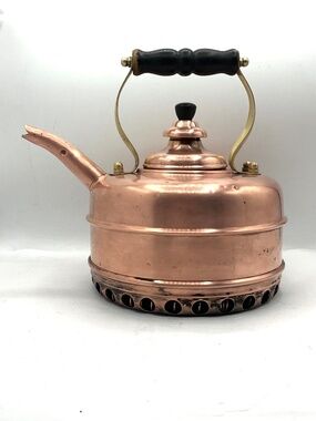 Simplex Copper Teakettle, Brass & Wood Handle  2+ quart.  England